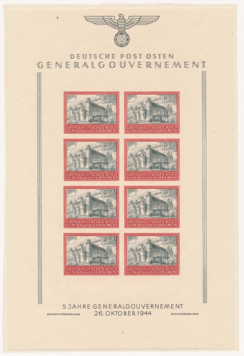 Polska, Arkusz znaczków Generalna Gubernia 1944 r. Wymiary arkusza: 16 x 24 cm