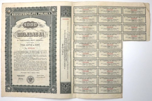 3% Państwowa Renta Ziemska 1936, Obligacja na 1.000 zł Reference: Mazur E.41.3