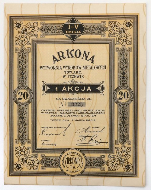 ARKONA Wytwórnia Wyrobów Metalowych, Em.1-4, 20 zł 1925 Reference: Koziorowski 4...