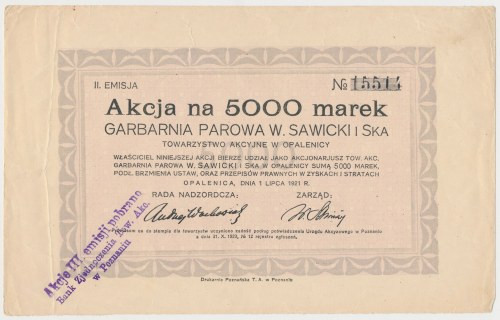 Garbarnia Parowa W. SAWICKI i Ska, Em.2, 5.000 mk 1921 Nominał nienotowany w IBA...