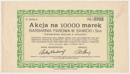 Garbarnia Parowa W. SAWICKI i Ska, Em.3, 10.000 mk 1924 Najwyższy nominał emisji...