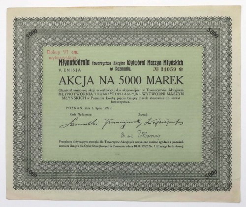 Tow. Akc. Wytwórni Maszyn Młyńskich MŁYNOTWÓRNIA, Em.5, 5.000 mk 1922 Reference:...