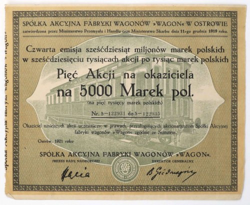 WAGON Sp. Akc. Fabryki Wagonów, Em.4, 5x 1.000 mk 1921 - RZADKOŚĆ Właścicielem S...
