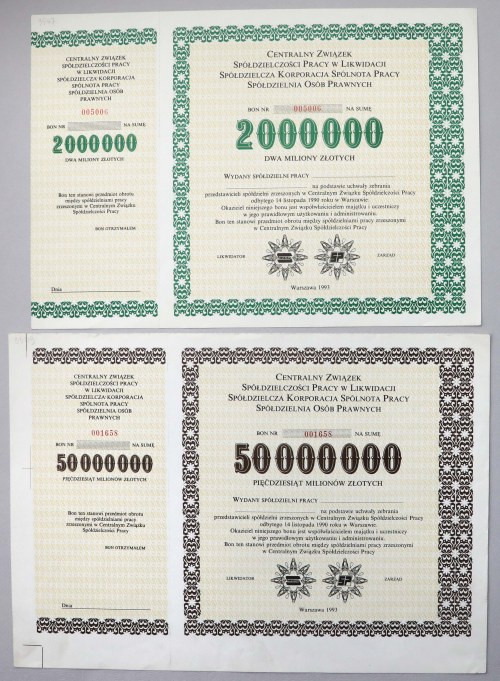 Centralny Związek Spółdzielczości Pracy w Likwidacji, Bony na 2 i 50 mln zł 1993...