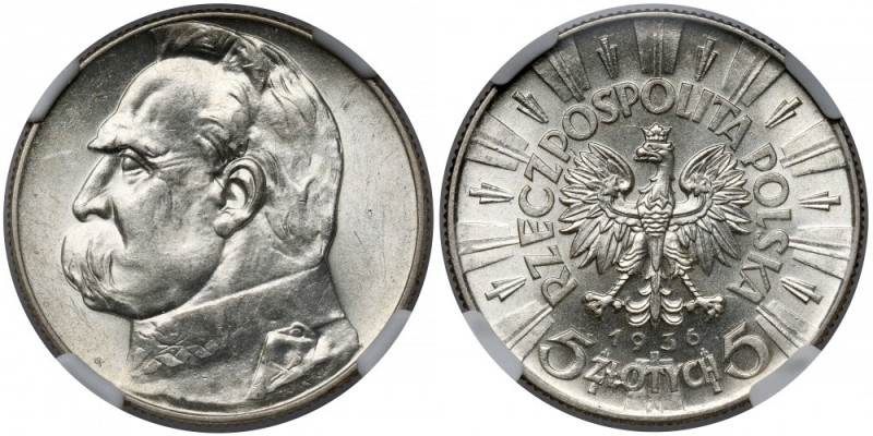 Piłsudski 5 złotych 1936 Mennicza, z zegarowym połyskiem. 

Reference: Chałups...