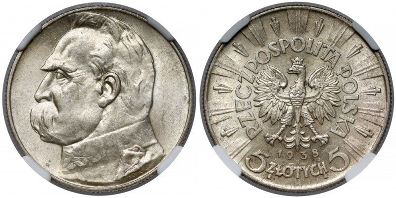 Piłsudski 5 złotych 1938 Najrzadszy rocznik pięciozłotówek z Piłsudskim. Niskona...