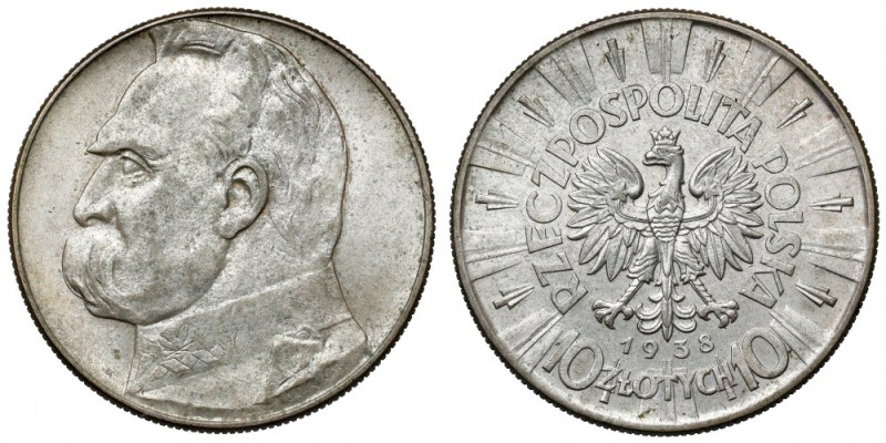 Piłsudski 10 złotych 1938 Trudniejszy do zdobycia rocznik Piłsudskiego.
Referen...