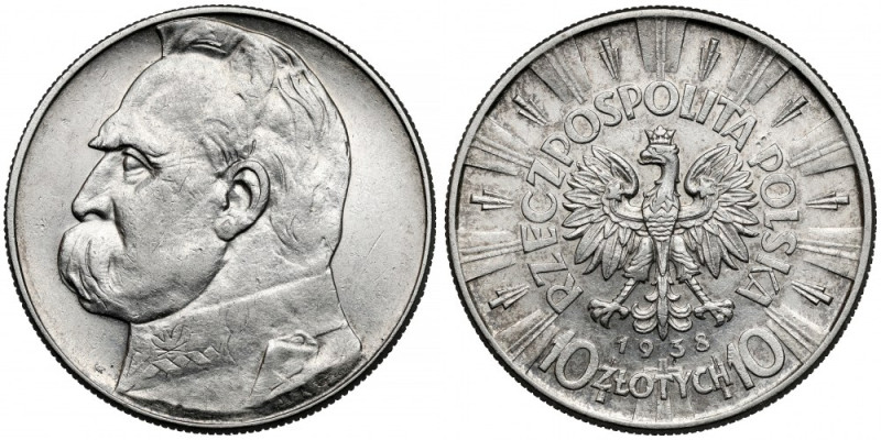 Piłsudski 10 złotych 1938 Trudniejszy do zdobycia rocznik Piłsudskiego.
Referen...