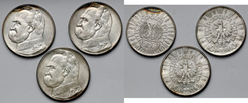 Piłsudski, 10 złotych 1934-1939 w tym Strzelecki i Urzędowy - zestaw (3szt) 
Gr...