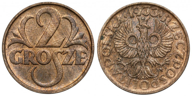 2 grosze 1933 Piękny dwugrosz w nierównomiernej patynie. 
Reference: Chałupski ...