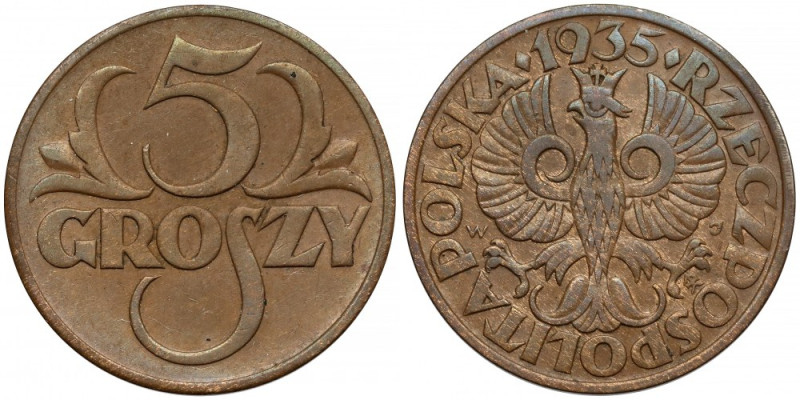 5 groszy 1935 Reference: Chałupski 2.7.6.a, Parchimowicz 103.g
Grade: XF