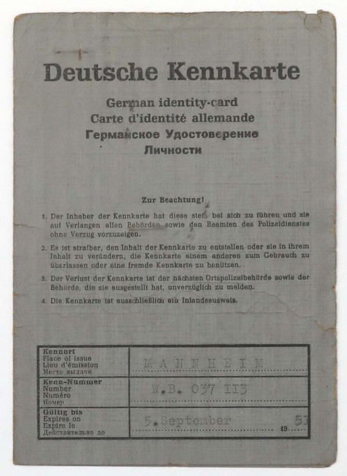 Niemcy, Mannheim, Kenkarte 1946 - dla właściciela Kinoteatru Ciekawy dokument wy...