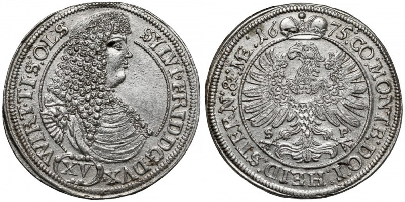 Śląsk, Sylwiusz Fryderyk, 15 krajcarów 1675 SP, Oleśnica Rzadsza moneta. Odmiana...