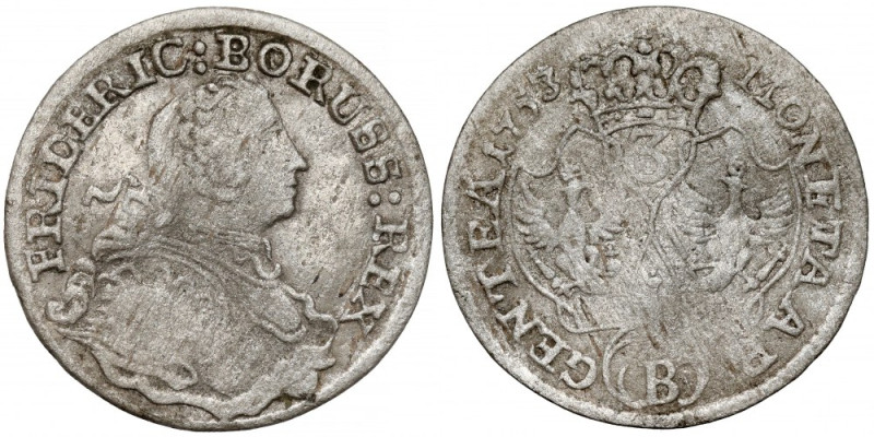 Śląsk, Fryderyk II Wielki, 3 krajcary 1753-B, Wrocław Delikatnie gięty. 
 Odmia...