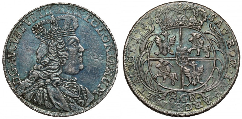 August III Sas, Dwuzłotówka Lipsk 1753 - 8 GR - wąskie Awers z licznymi rysami. ...