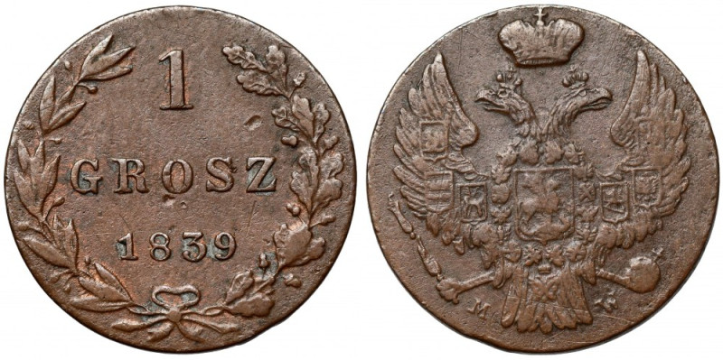 1 grosz 1839 MW, Warszawa Ładny. 
 Odmiana z G w GROSZ z pionowym szeryfem i ma...