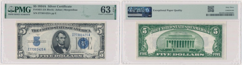 USA, 5 Dollars 1934 - Silver Certificate Reference: Pick 414Aa
Grade: PMG 63 EP...