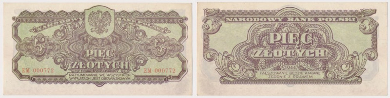 5 złotych 1944 ...owym - EM - niski nr 000772 Egzemplarz z atrakcyjnym, niskiem ...