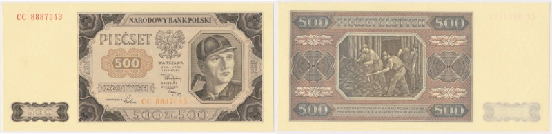 500 złotych 1948 - CC Lekkie nadgięcie na górnym marginesie, na głębokość ok. 1 ...