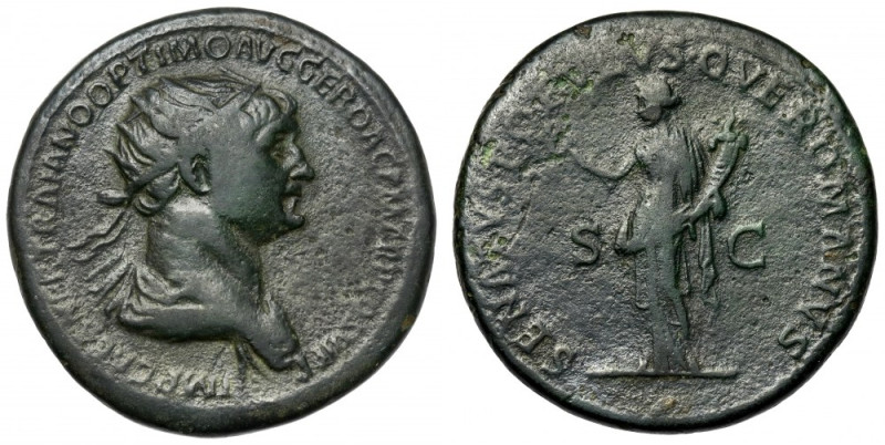 Trajan (98-117 n.e.) Dupondius Awers: Popiersie cesarza w koronie promienistej, ...