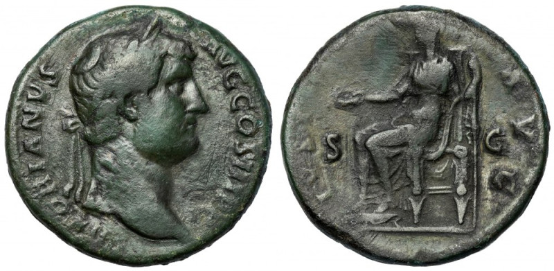 Hadrian (117-138 n.e.) Sesterc Awers: Głowa cesarza w wieńcu laurowym, w prawo, ...