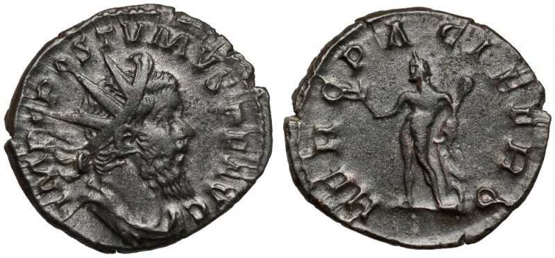 Postumus (260-269 n.e.) Antoninian, Lugdunum Awers: Popiersie cesarza w koronie ...