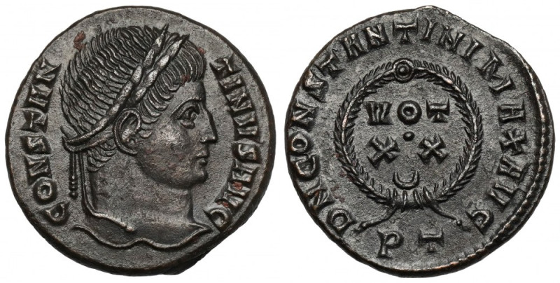 Konstantyn I Wielki (306-337 n.e.) Follis, Ticinum Awers: Głowa cesarza w wieńcu...