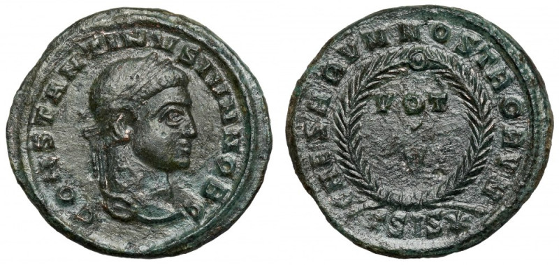 Konstantyn II (337-340 n.e.) Follis, Siscia Awers: Popiersie cesarza w wieńcu la...