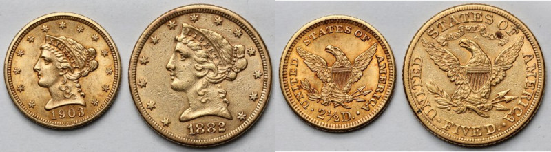 USA, 2-1/2 dolara 1903 i 5 dolarów 1882 - zestaw (2szt) Waga łączna: 12,49 g.&nb...