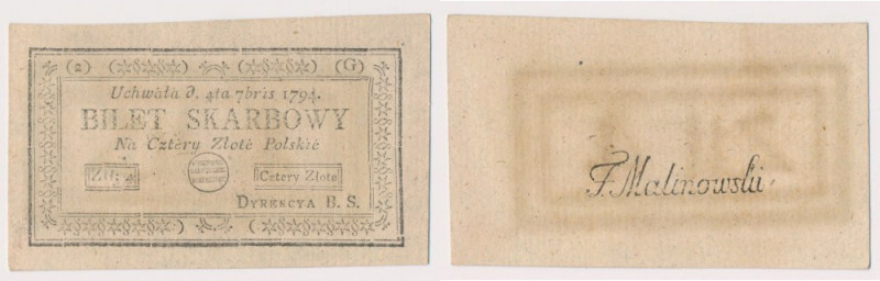 4 złote 1794 - (2)(G) Bardzo ładny.&nbsp; Reference: Miłczak A11e
Grade: UNC/AU...