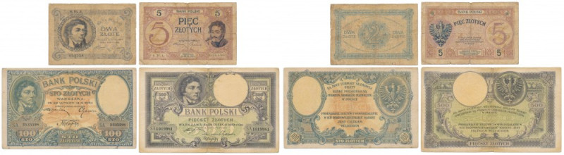 Zestaw 2, 5, 100 i 500 złotych 1919 (4szt) Wart uwagi zestaw, zwierający dwa rza...