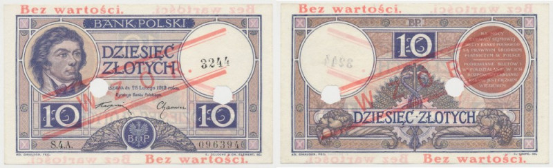 10 złotych 1919 - WZÓR - S.4.A Lekko rysująca się linia pionowego ugięcia w praw...