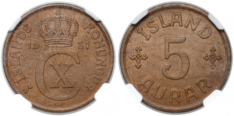 Islandia, Christian X, 5 aurar 1931 N GJ 
Grade: NGC MS63 BN