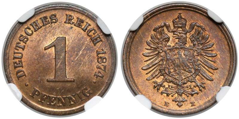 Prusy, Fenig 1874-E, Muldenhütten Reference: Jaeger 1
Grade: NGC MS64 BN