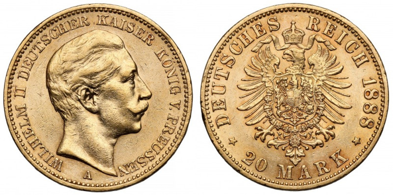 Prusy, 20 marek 1888-A, Berlin - rzadkie Złoto, średnica 22 mm, waga 7,89 g. Ref...