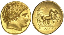 Imperio Macedonio. Filipo II (359-336 a.C.). Pella. Estátera de oro. (S. 6664 var) (CNG. III, 846). 8,59 g. Bella. EBC/EBC+.