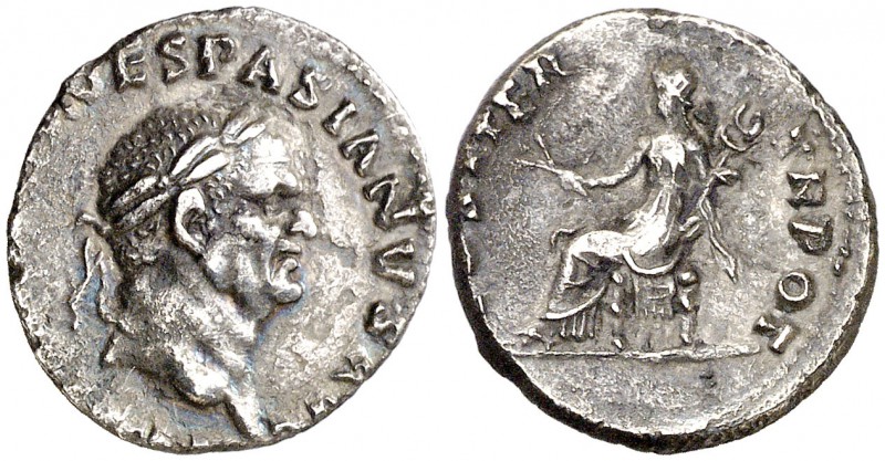 (70 d.C.). Vespasiano. Denario. (Spink 2285) (S. 94h) (RIC. 29). 2,85 g. MBC+/MB...