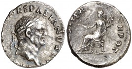 (70 d.C.). Vespasiano. Denario. (Spink 2285) (S. 94h) (RIC. 29). 2,85 g. MBC+/MBC.
