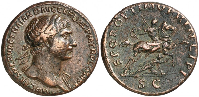 (107 d.C.). Trajano. As. (Spink 3234 var) (Co. 509) (RIC. 543 var). 11,07 g. MBC...