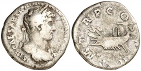 (122 d.C.). Adriano. Denario. (Spink 3529 var) (S. 1174b) (RIC. 113 var). 3,10 g. BC+.