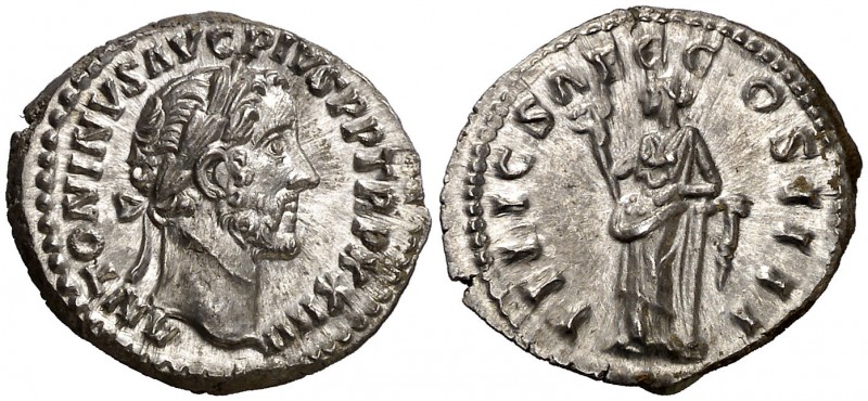 (160-161 d.C.). Antonino pío. Denario. (Spink 4080 var) (S. 361) (RIC. 309). 3,4...