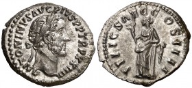 (160-161 d.C.). Antonino pío. Denario. (Spink 4080 var) (S. 361) (RIC. 309). 3,40 g. Bella. S/C-.
