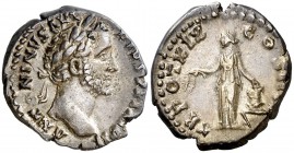 (155-156 d.C.) Antonino pío. Denario. (Spink falta) (S. 983) (RIC. 249). 3,49 g. MBC+.