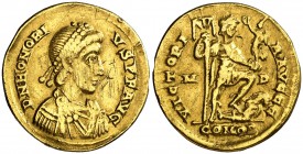 (402-403 d.C.). Honorio. Mediolanum. Sólido. (Spink 20916) (Co. 44) (RIC. 1206b). 3,76 g. Grafito y rayitas en anverso. Raspadura en canto. MBC-.