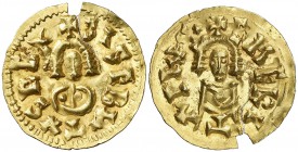 Sisebuto (612-621). Emerita (Mérida). Triente. (CNV. 258.10) (R.Pliego 285c). 1,44 g. Cospel algo faltado y grieta. (EBC-).