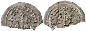 Egica y Wittiza (694-702). Ispali (Sevilla). Triente. (CNV. tipo 566) (R.Pliego tipo 36b). 0,82 g. Cospel faltado un 40% aproximadamente. (MBC).