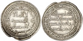 AH 105. Califato Omeya de Damasco. Yazid II. Wasit. Dirhem. (S. Album 135) (Lavoix 447). 2,84 g. Pequeña rotura en borde, que apenas afecta la gráfila...