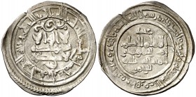 AH 353. Califato. Al-Hakem II. Medina Azzahra. Dirhem. (V. 451) (Fro. 46). 2,28 g. La leyenda del anverso comienza a las 2 del reloj. MBC+.