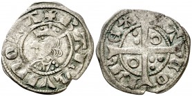 Jaume II (1291-1327). Barcelona. Diner. (Cru.V.S. 340.1) (Cru.C.G. 2158a). 0,80 g. Hombros estrechos. Escasa. MBC.