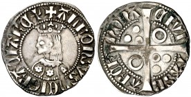 Alfons III (1327-1336). Barcelona. Croat. (Cru.V.S. 366.1) (Cru.C.G. 2184c). 3,17 g. Flores de seis pétalos en el vestido. Letras A sin travesaño exce...